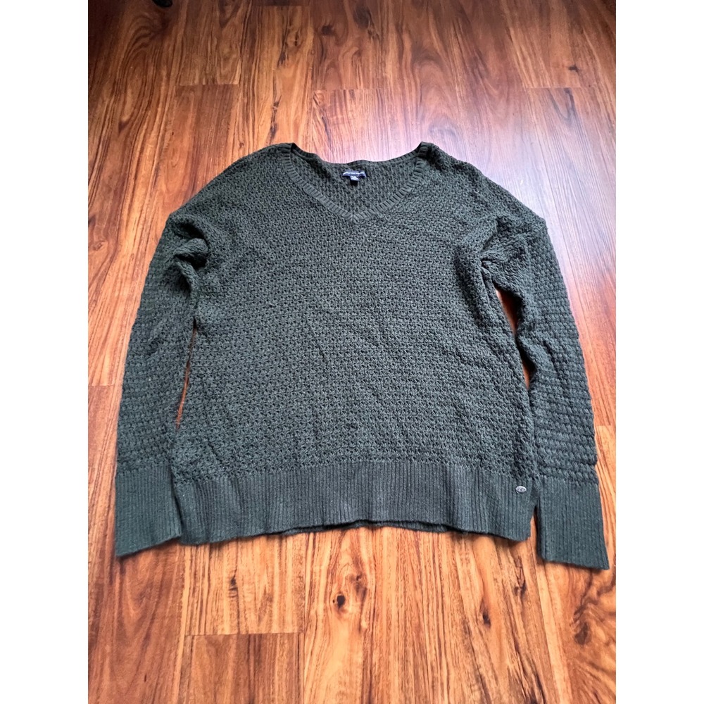 American Eagle Waffle Knit Sweater Women XL Green Good V-Neck Pullover SEO